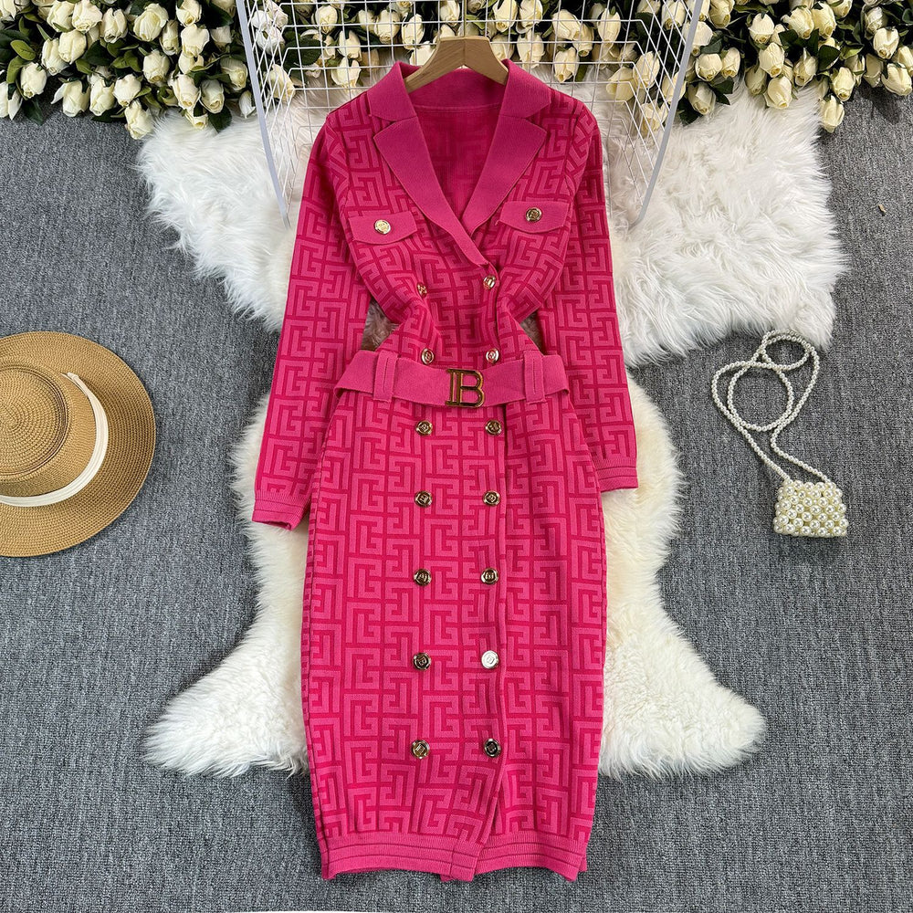 Fall and winter tweed style grids celebrity metal buttons double-breasted lapel waist silmknitting long skirt dress
