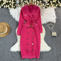 Fall and winter tweed style grids celebrity metal buttons double-breasted lapel waist silmknitting long skirt dress
