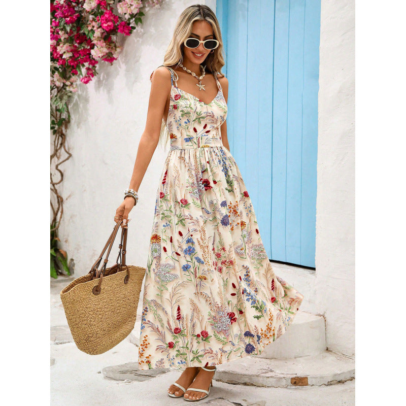 european and american women's printed v-neck cami dress with cinched waist and flared sleeveless design – perfect for beach vacations and everyday wear