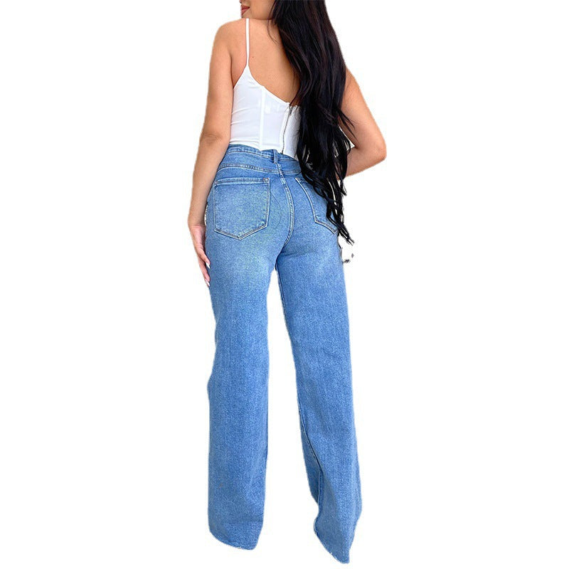Factory direct  women's jeans: long, high-waisted, distressed, raw hem, hot-selling european and american style, comfortable wide-leg pants