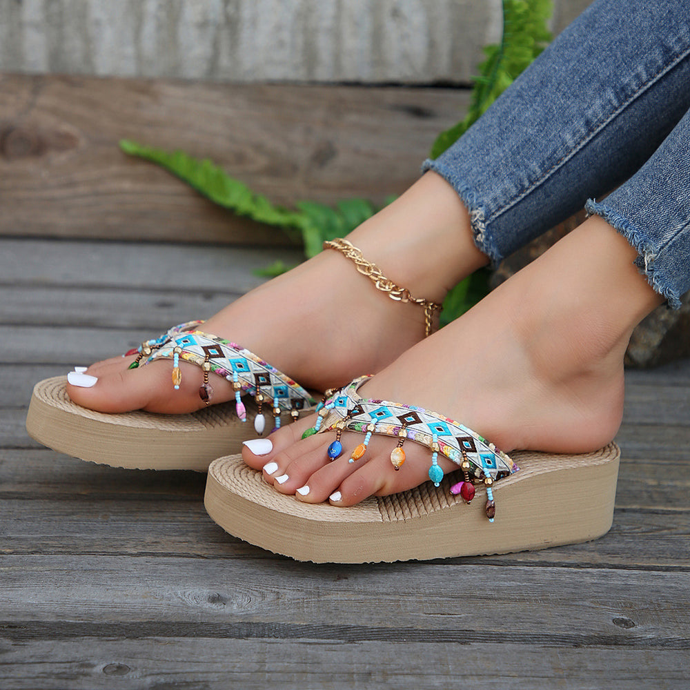 2025 summer new bohemian tassel slippers women's thick sole non-slip flats indoor and outdoor sandals beach shoes