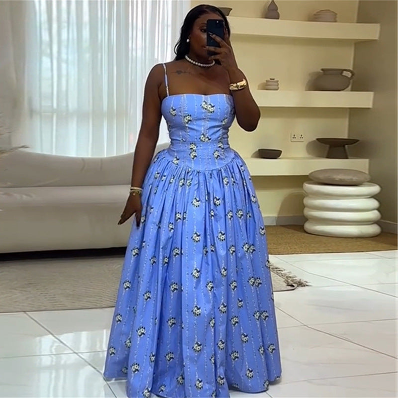 European and american women's clothing  autumn new sweet and fresh printed camisole bandeau high-waisted slimming a-line dress