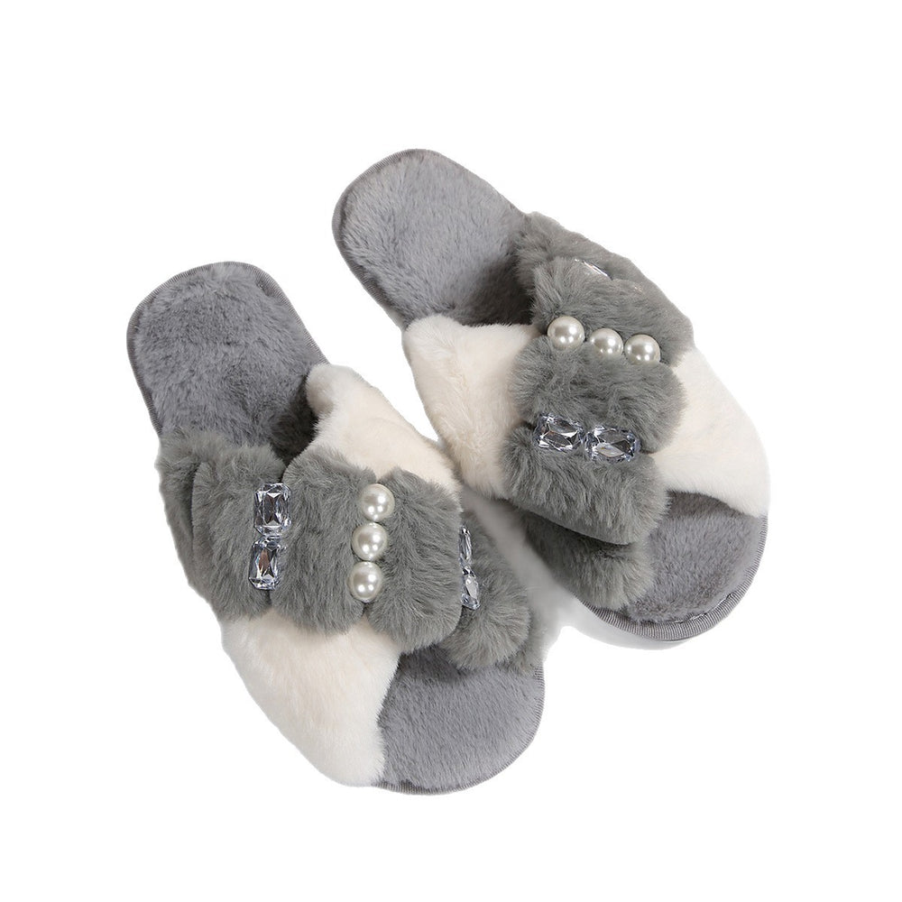 amazon women's open-toe color block crossover rhinestone comfort soft sole slippers - plus size pearl slides