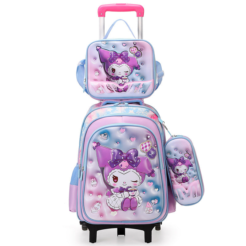 New arrival concave and convex leather primary school student pull rod school bag for grades 3 to 6 kids cartoon three-piece set backpack in stock
