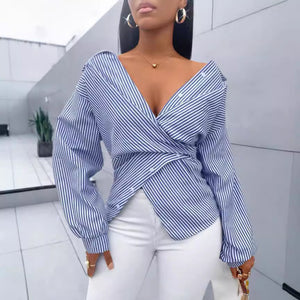 European and american cross-border  hot-selling new spring/summer fashionable sexy versatile striped long-sleeved women's shirt