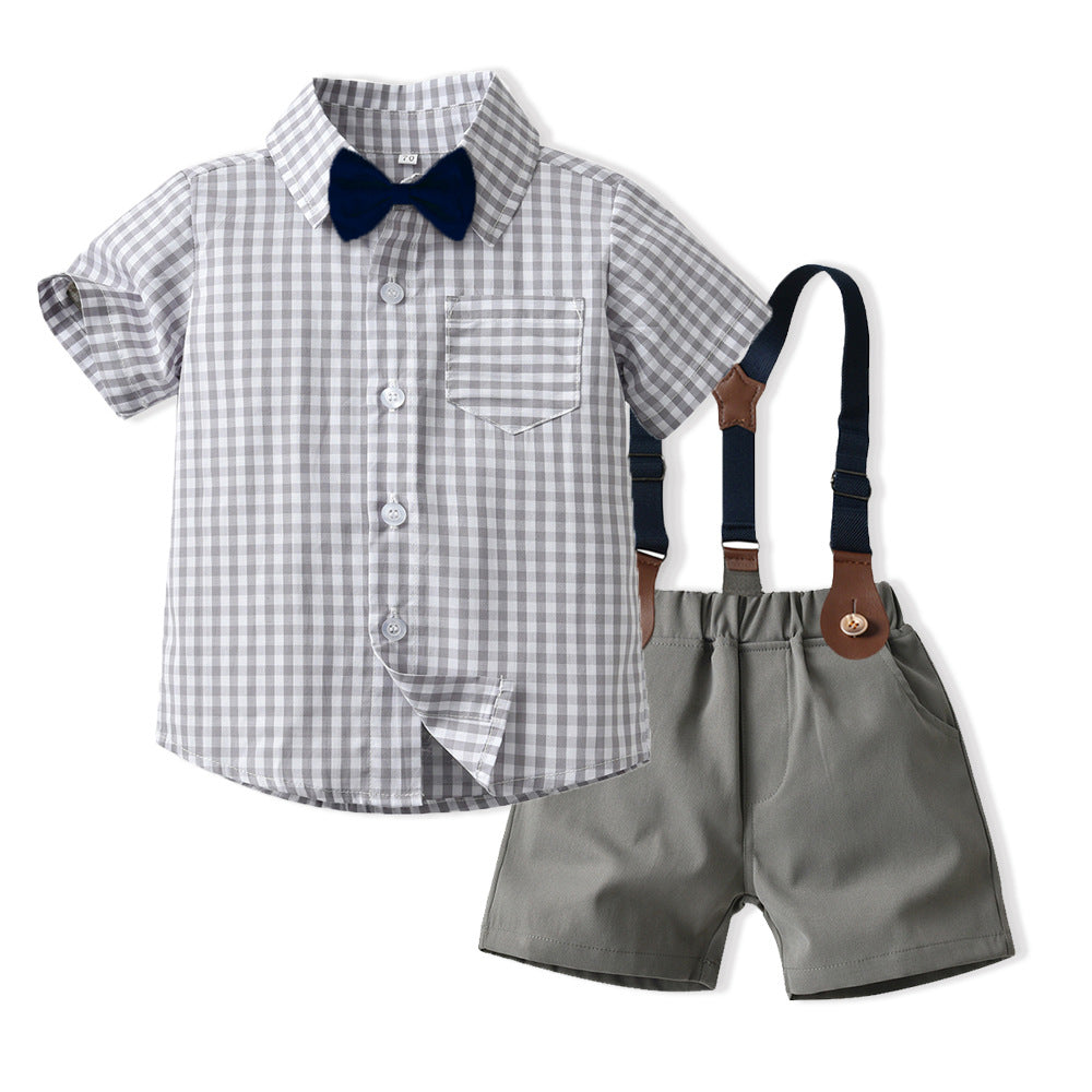 Kids' summer plaid shirt & overalls set - korean style boys' outfit - in stock & wholesale - gentleman's formal wear