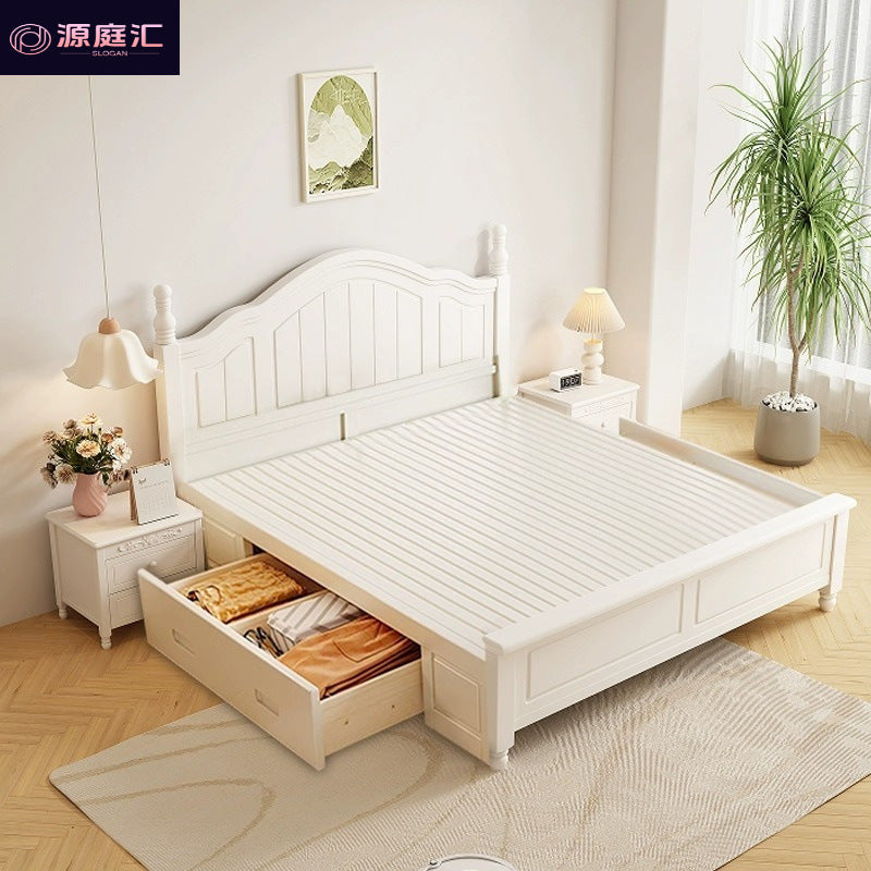 Scandinavianwhite solid wood bed modern casual cream style grids 1.8m double bed 1.5 master bedroom storage princess bed