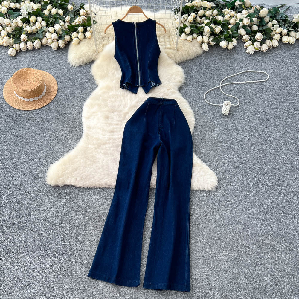 Exportelegantsense of design metal buckle round neck sleeveless vest vest + high waist wide leg pants denim suit for women