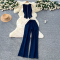 Exportelegantsense of design metal buckle round neck sleeveless vest vest + high waist wide leg pants denim suit for women