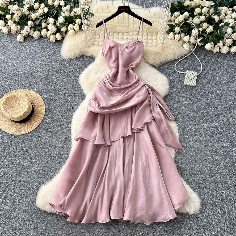 French goddess style design square neck bandeau strap ruched waist ruffle hem mini dress long gown