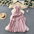 French goddess style design square neck bandeau strap ruched waist ruffle hem mini dress long gown