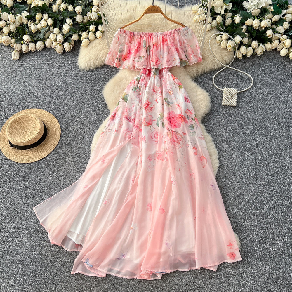 Vacation-style off-the-shoulder ruffle print dress - women's spring/summer korean high-waisted slimming elegant maxi dress