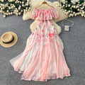 Vacation-style off-the-shoulder ruffle print dress - women's spring/summer korean high-waisted slimming elegant maxi dress