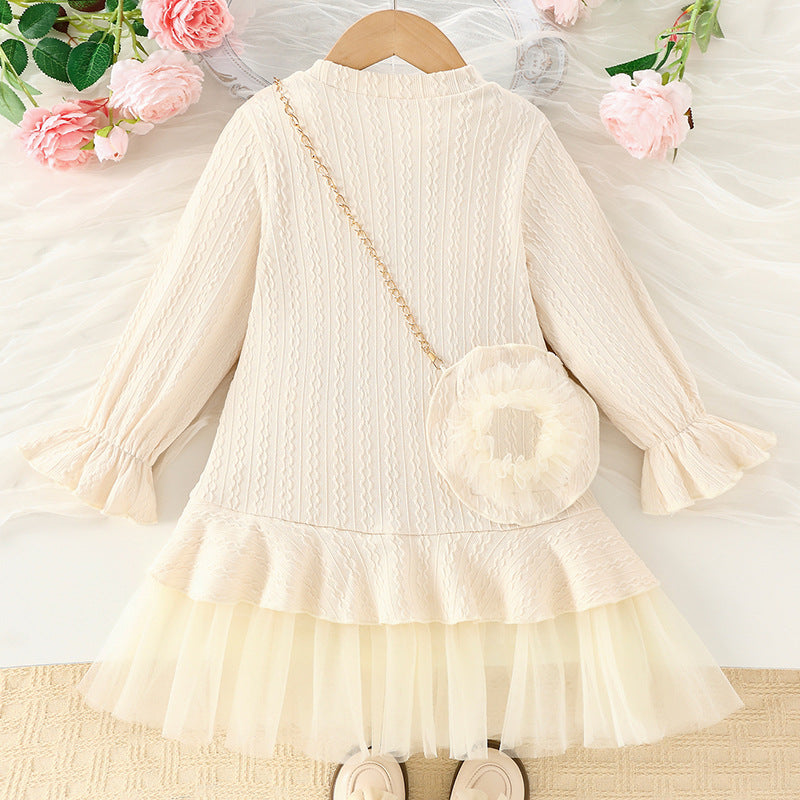 autumn girls' knitted dress with tulle lace trim, off-white, cute baby girl long-sleeve crew neck dress