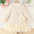 autumn girls' knitted dress with tulle lace trim, off-white, cute baby girl long-sleeve crew neck dress