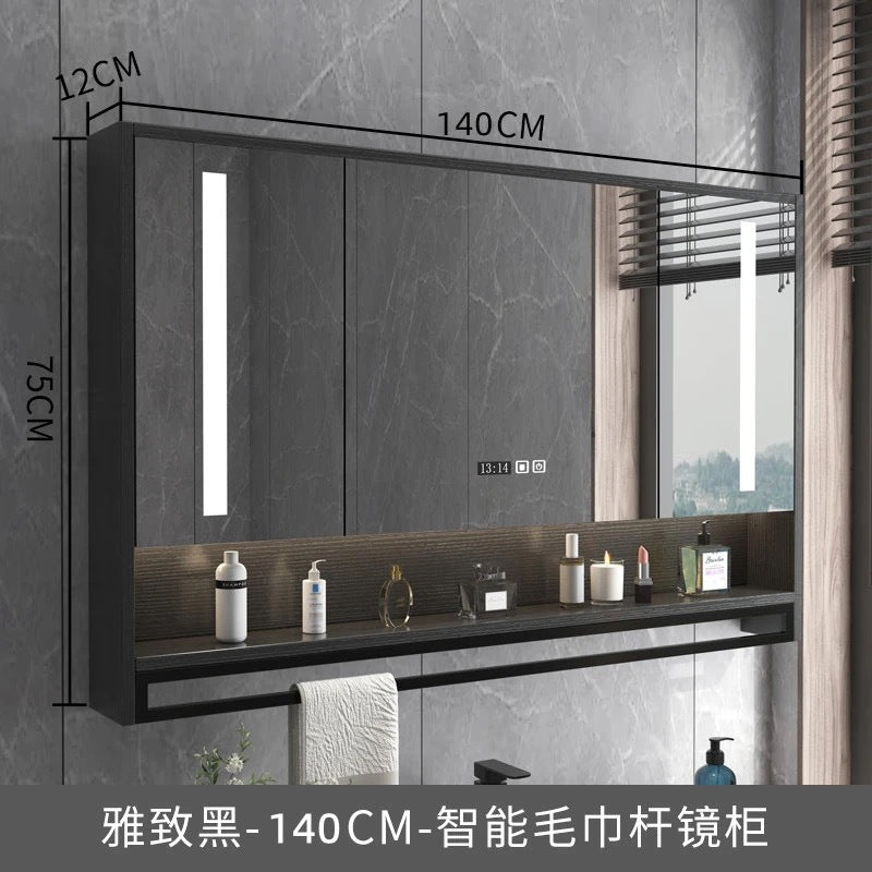 Smart bathroom mirror cabinet wall-mounted with lamp defogging separate solid wood mirror cabinet with towel bar bathroom storage mirror case