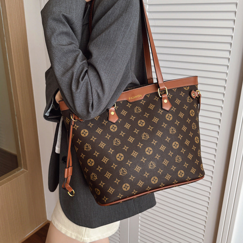 2025 new women's fashion large capacity commuter shoulder bag retro print tote bag trendy versatile shoulder bag