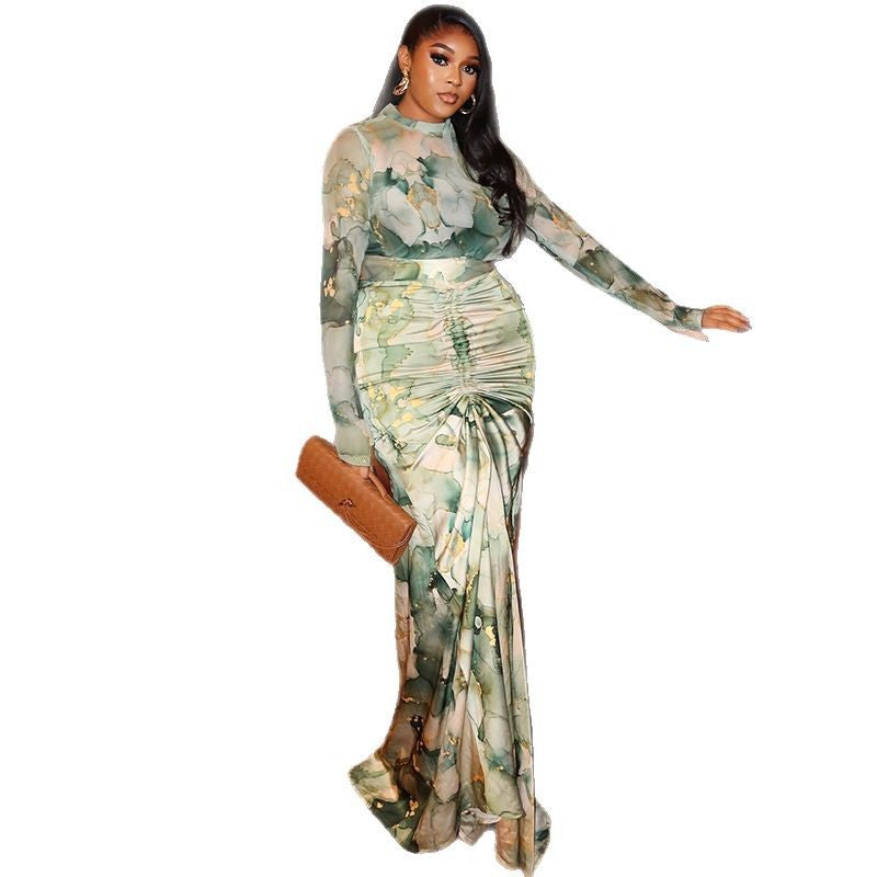 Fashion style cross-border printed waist wrap silm skirt suit pleated long skirt high collar trendy two-piece set casualwork clothing women's clothing