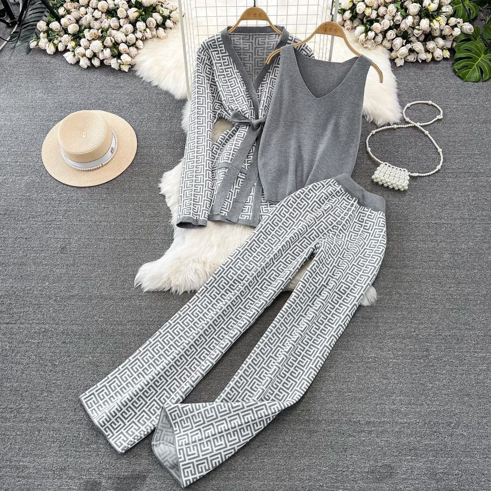 European and american chic casual set: women's shawl cardigan + v-neck knit top + wide-leg pants three-piece outfit