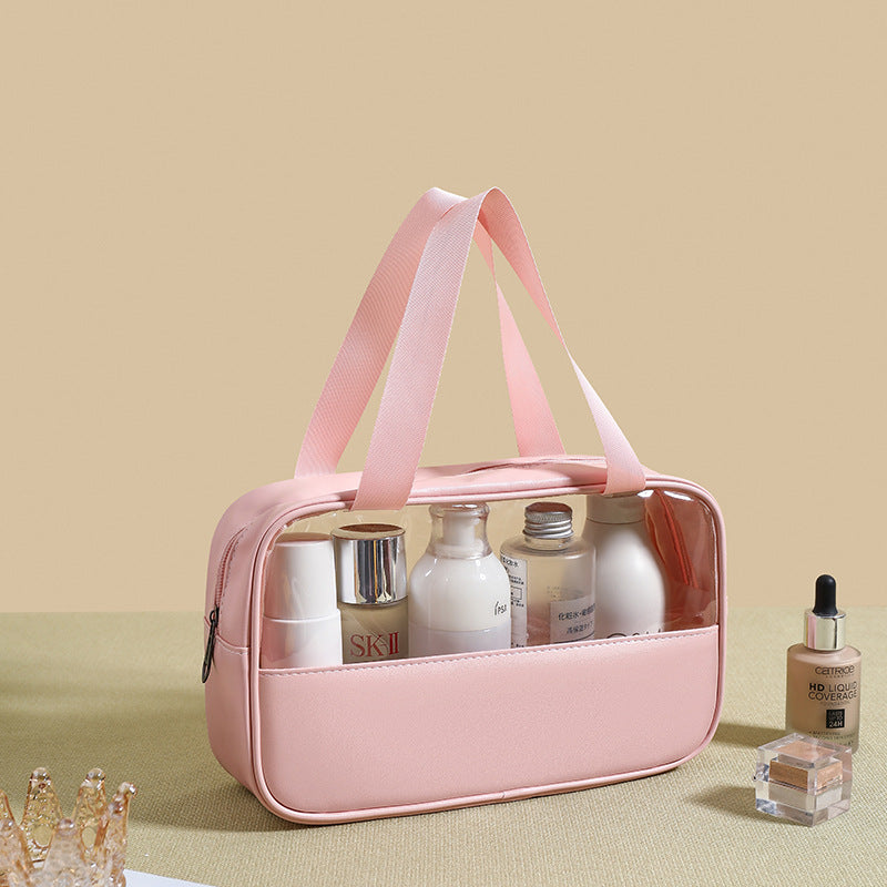 Splicing transparent cosmetic bag PVC bath toilet bag PU waterproof handbag large capacity travel portable storage bag