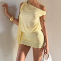fashionelegant oblique shoulder dress ribbon off-shoulder pleated hip-covering waist slimming look short skirt for women summer