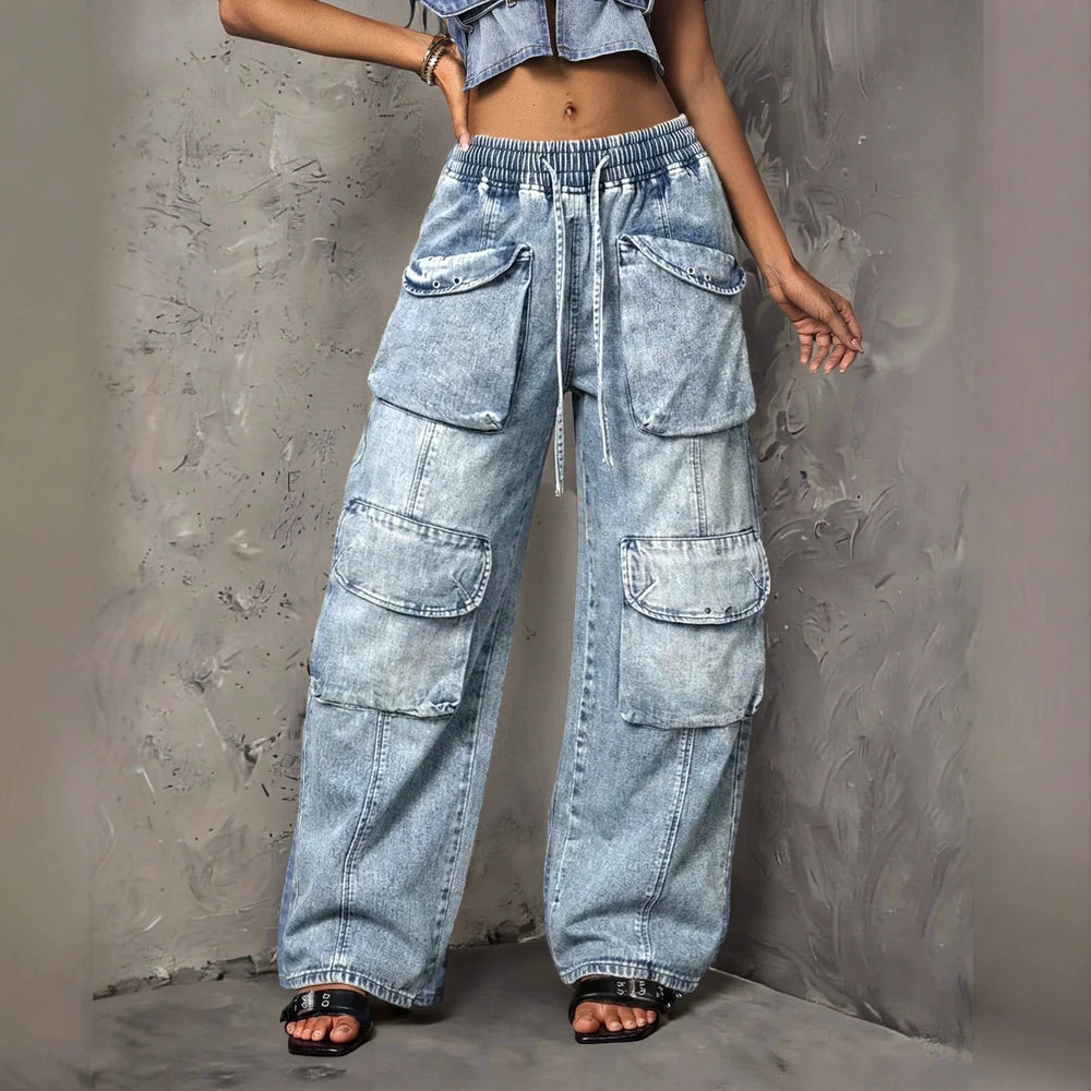 Fashionjeans women's elastic drawstring waist snowflake washed multi-flap pocket pants workwear style loose wide leg denim pants