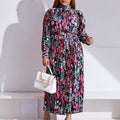 C8501plus sizeexport women's clothingfall and winternew arrivallong sleevesprinting pleated strap high collarfashiondress