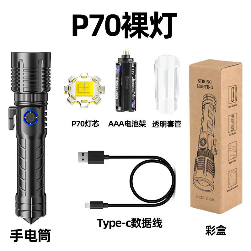 Cross-border new XHP-90 strong light telescopic zoom TypeC charging flashlight with broken window electric display LED flashlight