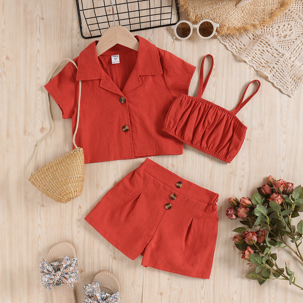 new arrival children's clothing fashion short-sleeved three-piece set washed cotton sling chest wrap lapel short-sleeved shortssuit
