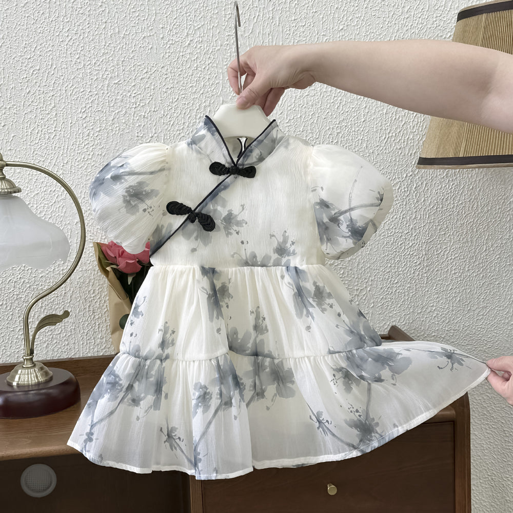 Girl cheongsam dress summer new elegant baby girl chinese style ink retro dress skirt puff sleeve trendy