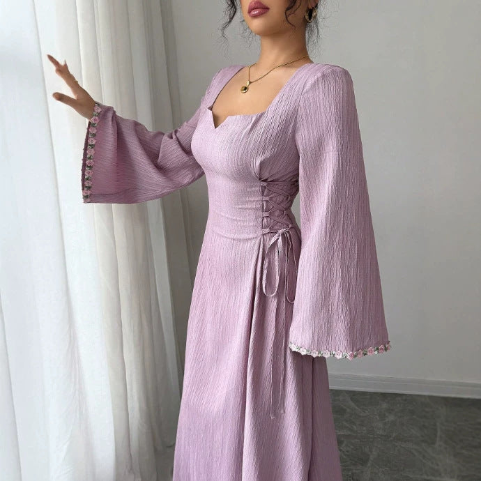 women's purple woven wrap dress with ruffle sleeves - summer sleeve dress