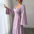 women's purple woven wrap dress with ruffle sleeves - summer sleeve dress