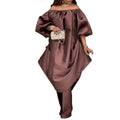 Plus size satin african robe set - one-shoulder asymmetrical loose top & flowy wide-leg pants - casual two-piece outfit