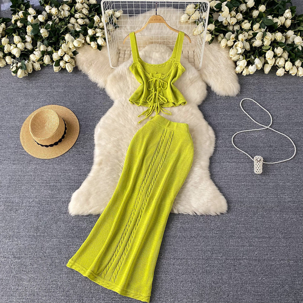 Women's summer knit two-piece vacation outfit: cutout tie-up cami top & high-waisted maxi skirt set