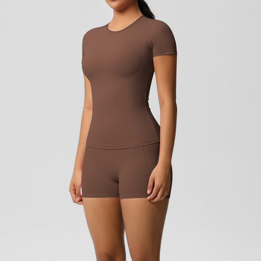 New arrival cross-border fashionpure color double-sided nylon brushed short-sleeved yoga suit sports running fitness two-piece set