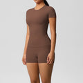 New arrival cross-border fashionpure color double-sided nylon brushed short-sleeved yoga suit sports running fitness two-piece set