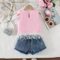 european and american style girls' summer outfit: bowknot lace tassel tank top + beaded denim shorts set