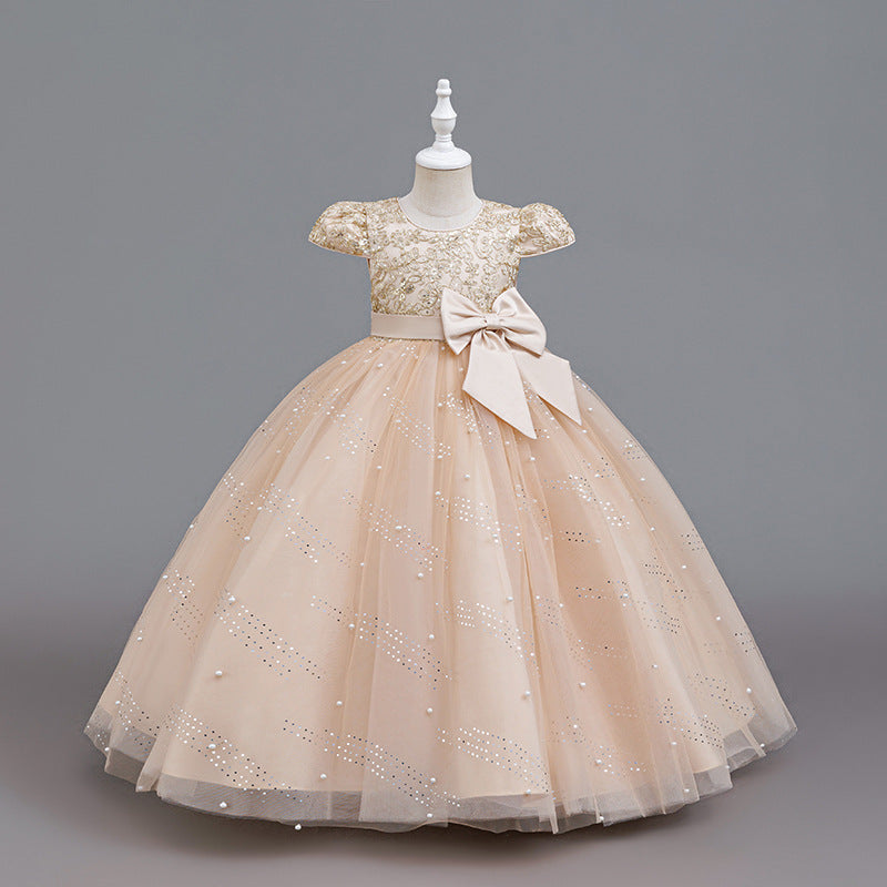export girls' dress - mid-to-large size, short-sleeve wedding dress, flower girl performance dress, princess gown, floor-length style
