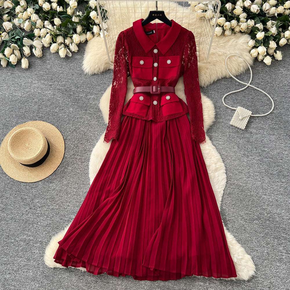 French chic red peter pan collar lace patchwork dress - women's  autumn commute elegant pleated skirt