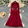French chic red peter pan collar lace patchwork dress - women's  autumn commute elegant pleated skirt
