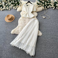 French chic lace top & pleated skirt set - elegant summer two-piece for women, exuding sophistication and style
