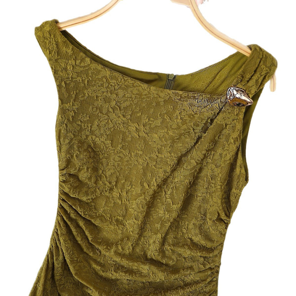 Women's jacquard one-shoulder dress - premium waist-cinching, pleated, slim-fit midi bodycon dress