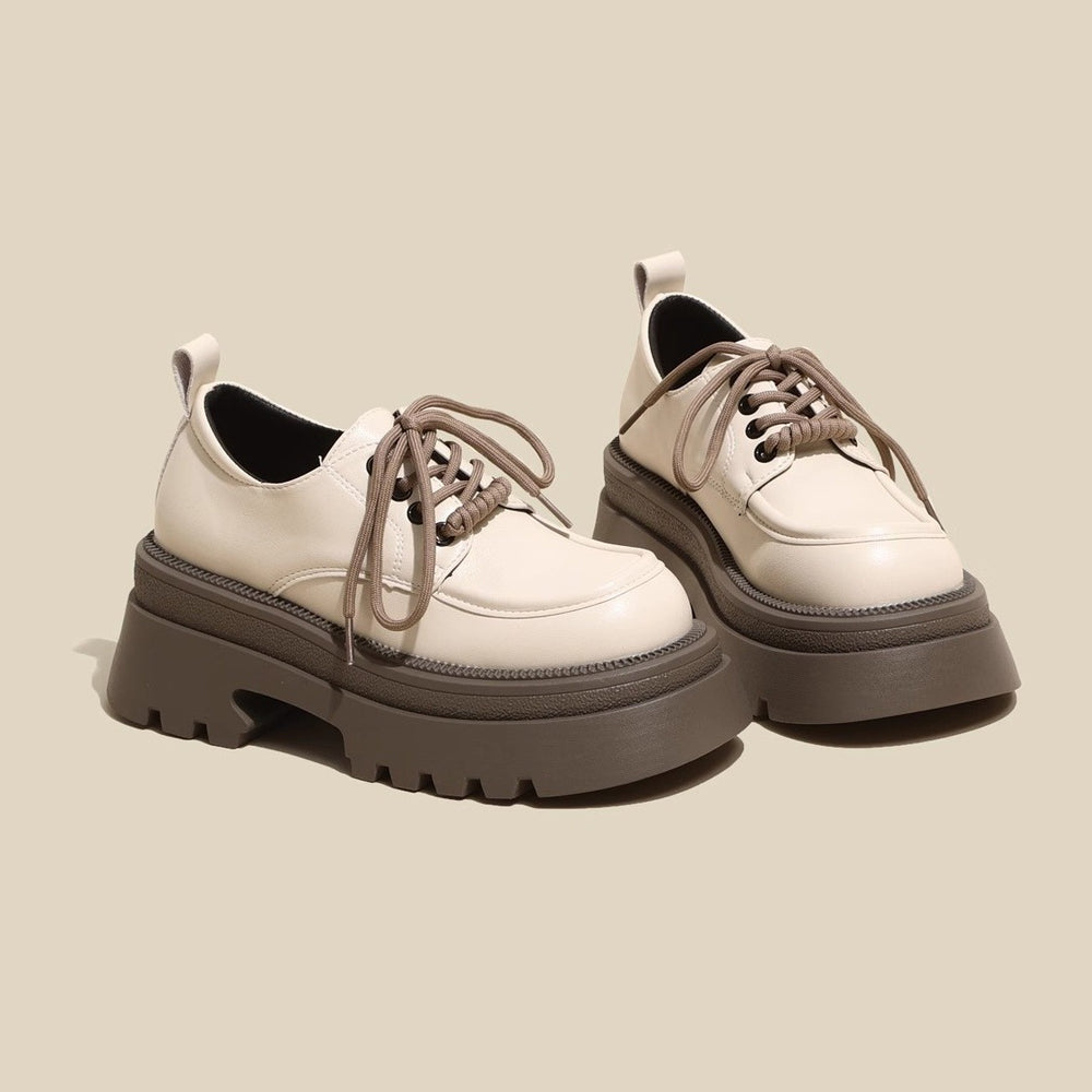 British style women's leather loafers - new autumn/winter 2026 collection - height increasing chunky sole black mary janes with lace-up closure