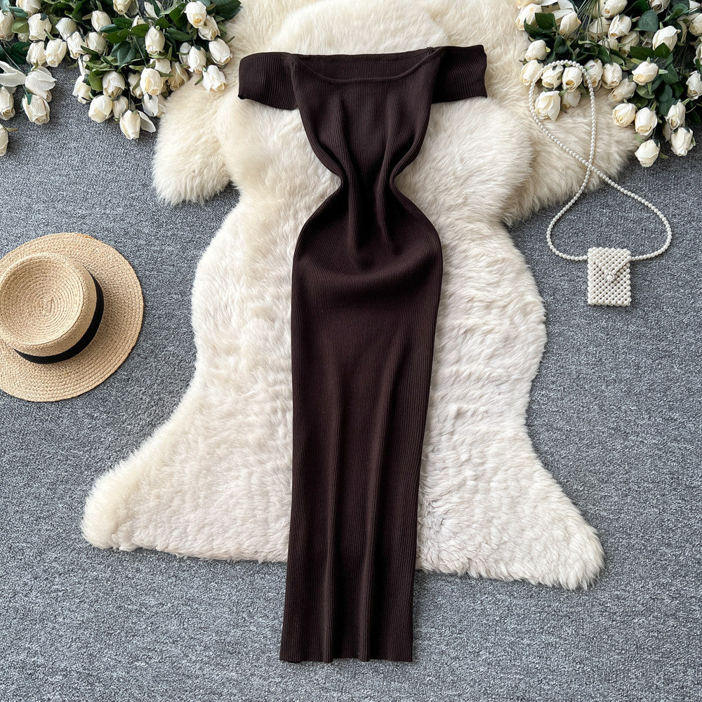 K-style one-shoulder knitting silm-type dress female summer sleeveless high waist silm a-line long skirt light and elegant