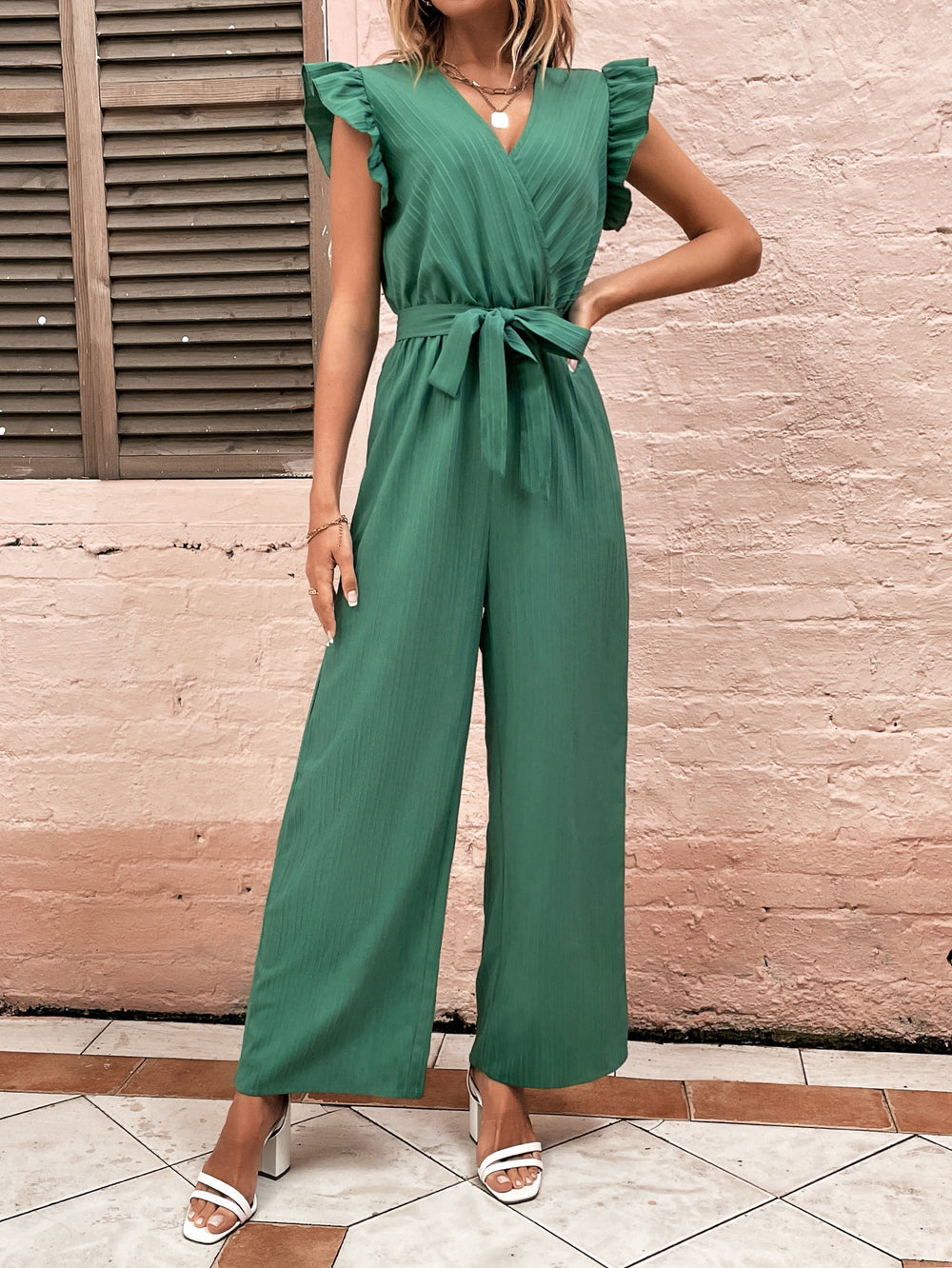 Pre-sale-72265 cross-border fashionexport women's fashioneasiest for matchsilm slimming lookv neckhigh waisttie back jumpsuits