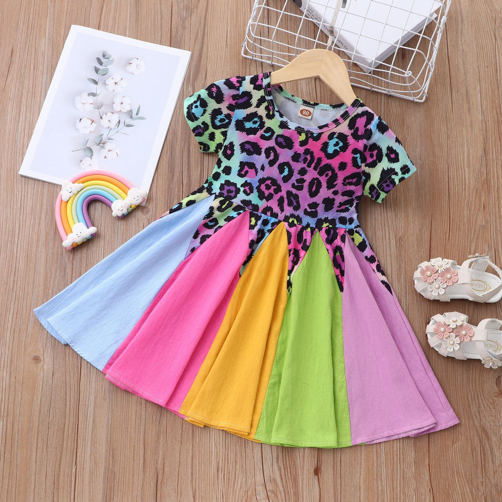 kids' summer short-sleeve dress - heart, dinosaur, and rainbow print