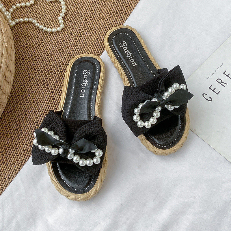 New women's summer slippers - korean style, wearable outdoors, pearl & bowknot flower beach sandals, women's ins flat slippers