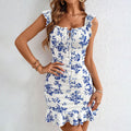 Wholesale cross-border new summer floral dress - wide strap flutter sleeve women's ruffle print bodycon mini dress
