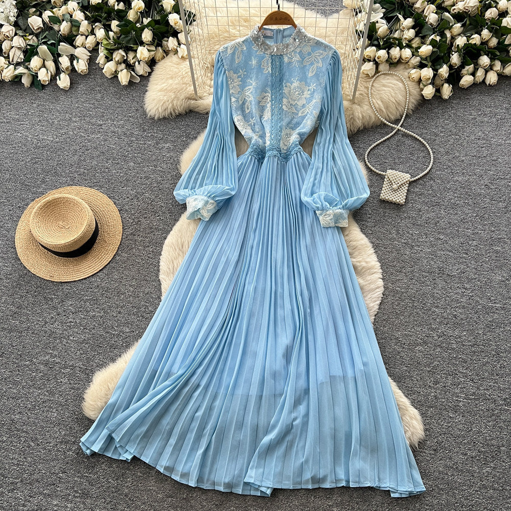 Lady style lantern sleeve sequinlacedress women's summer white stand collar waist pleated long skirt classy sense dress