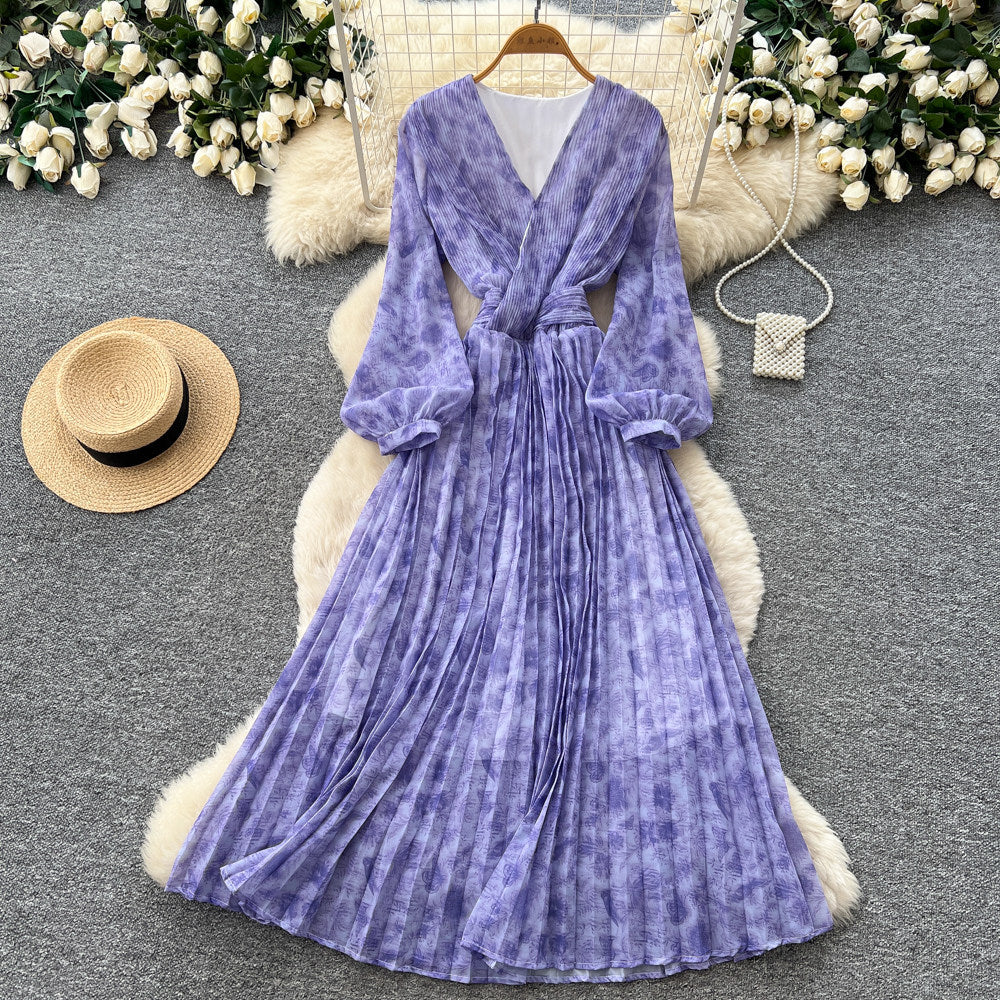 French riviera style v-neck lantern sleeve printed dress - women's summer korean style slimming a-line maxi dress